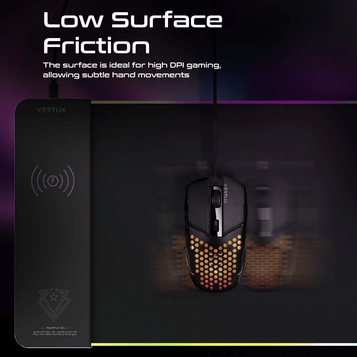 VERTUX RAFTPAD-QI ANTI-FRICTION LED GAMING MOUSE PAD WITH 15W WIRELESS CHARGER BLACK - DataBlitz