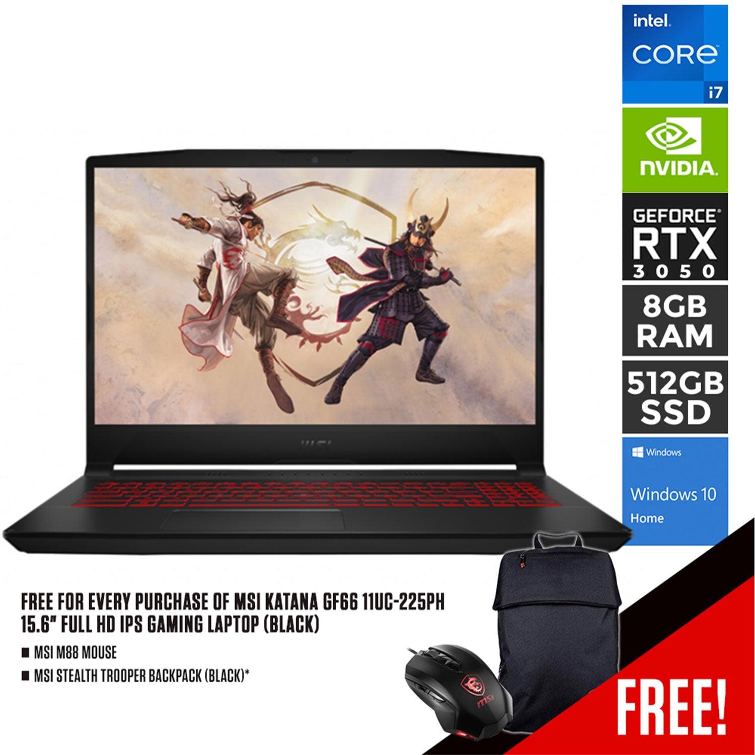 MSI KATANA GF66 11UC-225PH GAMING LAPTOP (BLACK) | 15.6" FHD | i7-11800H+HM570 | 8GB DDR4 | 512GB SSD | RTX 3050 | WIN10 + MSI M88 MOUSE + MSI GAMING BACKPACK - DataBlitz