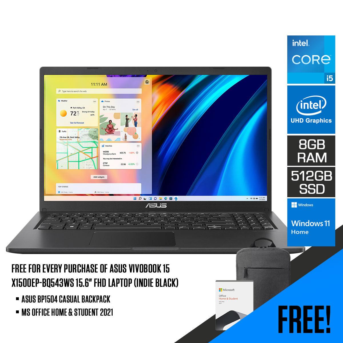 Asus Vivobook 15 X1500EP-BQ543WS Laptop (Indie Black) | 15.6" FHD | i5-1135G7 | 8 GB DDR4 | 512 GB SSD | MX330 | Windows 11 Home | MS Office Home & Student 2021 | Asus BP1504 Casual Backpack - DataBlitz