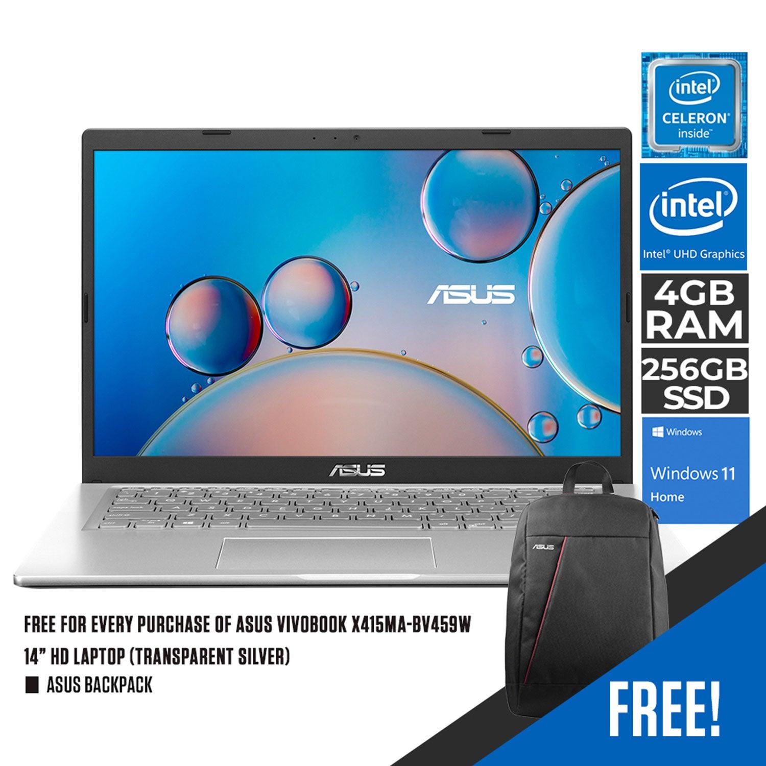 ASUS VIVOBOOK X415MA-BV459W LAPTOP (TRANSPARENT SILVER) | 14” HD | Celeron® N4020 | 4GB DDR4 | 256GB SSD | INTEL UHD | WIN11 + ASUS BACKPACK - DataBlitz