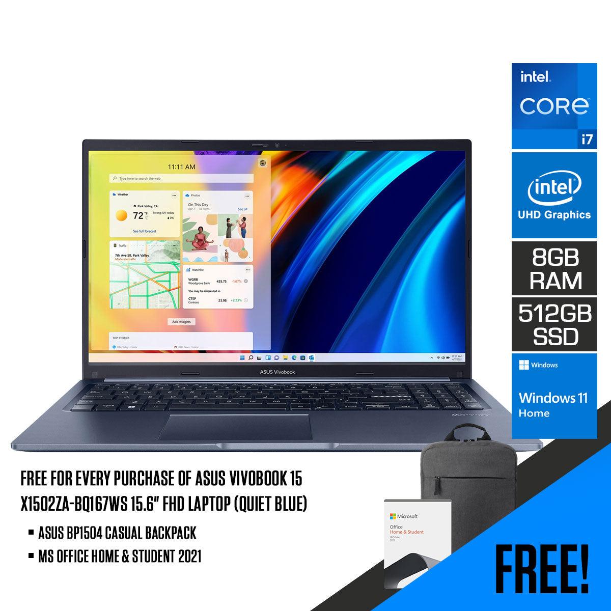 Asus Vivobook 15 X1502ZA-BQ167WS Laptop (Quiet Blue) | 15.6" FHD |  i7-1260P | 8GB DDR4 | 512 GB SSD | Intel® UHD Graphics | Windows 11 Home | MS Office Home & Student 2021 | Asus BP1504 Casual Backpack - DataBlitz