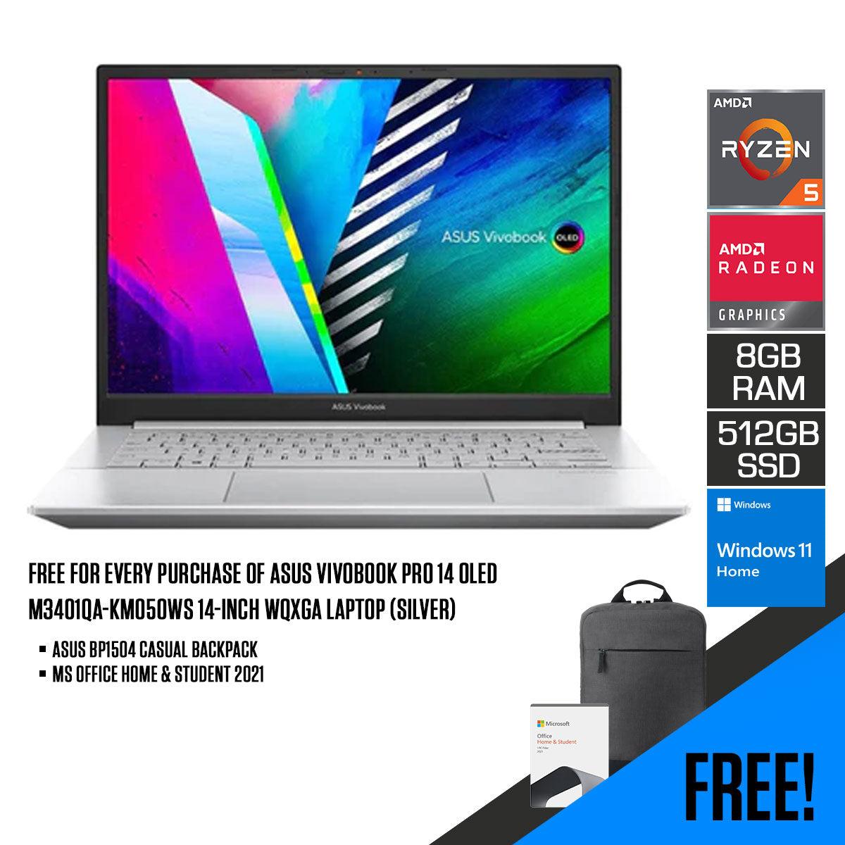 ASUS Vivobook PRO 14 Oled M3401QA-KM050WS Laptop (Silver) | 14”  WQXGA |  Ryzen™ 5 5600H | 8GB DDR4  | 512 GB SSD | Radeon™ Graphics | Windows 11 Home | MS Office Home & Student 2021 | ASUS BP1504 Casual Backpack - DataBlitz