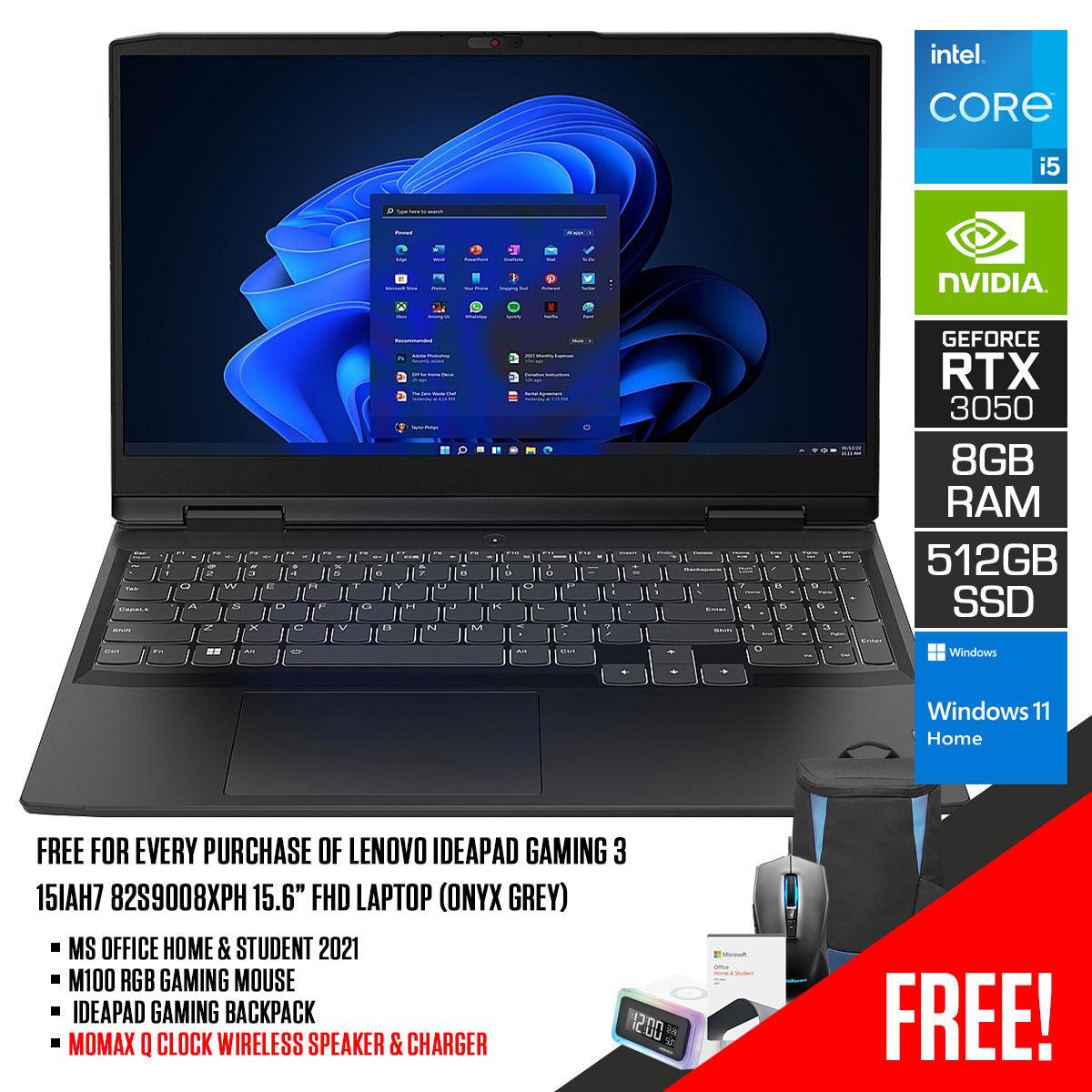 LENOVO Ideapad Gaming 3 15IAH7 82S9008XPH Laptop (Onyx Grey) | 15.6”  FHD | i5-12450H |  8 GB RAM DDR4 | 512 GB SSD | RTX 3050 | Windows 11 Home | MS Office H&S 2021 | M100 RGB Gaming Mouse | Ideapad Gaming Backpack - DataBlitz