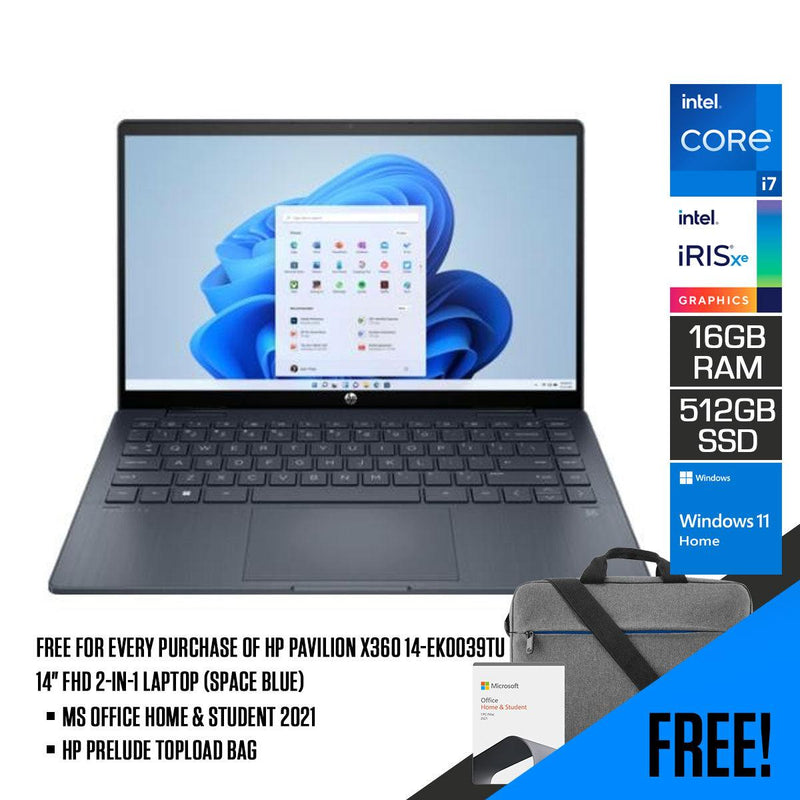 HP Pavilion X360 14-EK0039TU 2-IN-1 Laptop (Space Blue) | 14" FHD | i7-1255U|16 GB DDR4 | 512 GB SSD | Intel® Iris® Xᵉ  | Windows 11 | MS Office Home & Student 2021 | HP Prelude 15.6” Topload Bag - DataBlitz