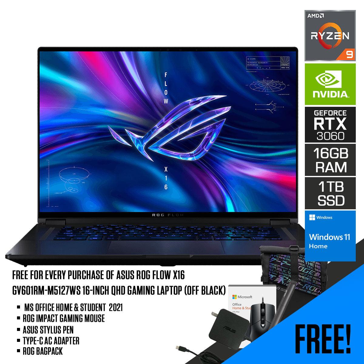 ASUS ROG Flow X16 GV601RM-M5127WS Gaming Laptop (Off Black) | 16”  QHD | Ryzen™ 9 6900HS | 16GB RAM DDR5| 1TB SSD | RTX™ 3060 | Windows 11 Home | MS Office H&S 2021 | Mouse | Stylus Pen | Type-C AC Adapter | ROG Backpack - DataBlitz