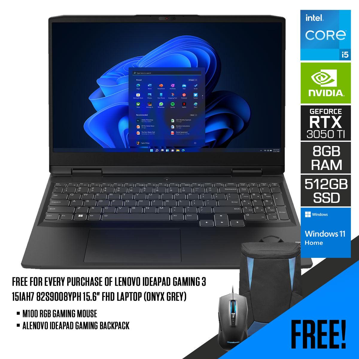 Lenovo Ideapad Gaming 3 15IAH7 82S9008YPH Laptop (Onyx Grey) | 15.6”  FHD | i5-12500H | 8GB DDR4 | 512 GB SSD | RTX 3050 Ti | Windows 11 Home | M100 RGB Gaming Mouse + Lenovo Ideapad Gaming 15.6”  Backpack - DataBlitz