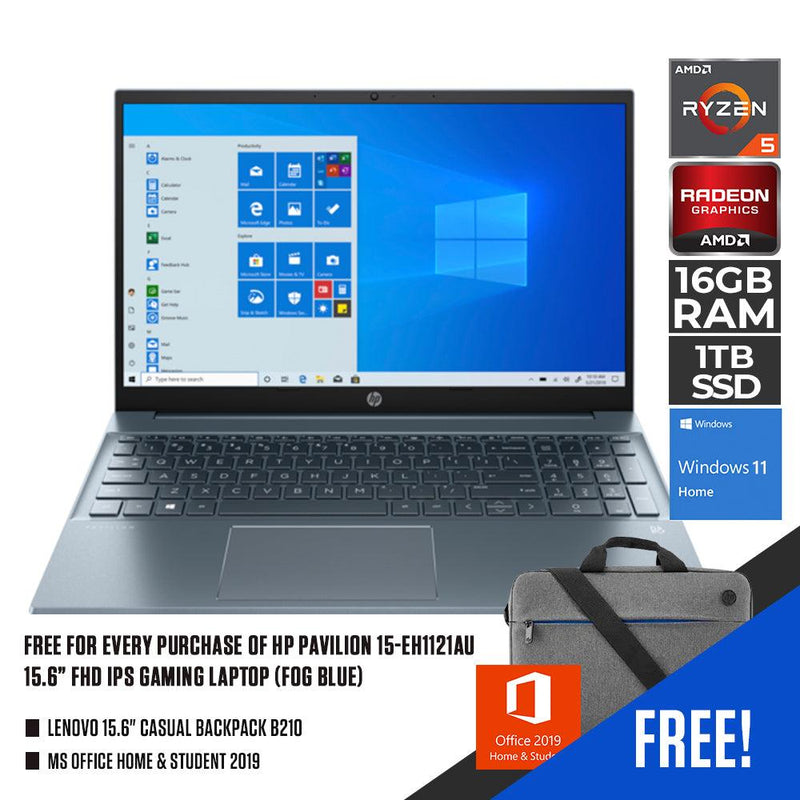 HP PAVILION 15-EH1121AU GAMING LAPTOP (FOG BLUE) | 15.6” FHD | RYZEN 5 5500U | 16GB DDR4 | 1TB SSD | AMD RADEON | WIN11 + MS OFFICE HOME & STUDENT HP PRELUDE 15.6” TOPLOAD BAG - DataBlitz