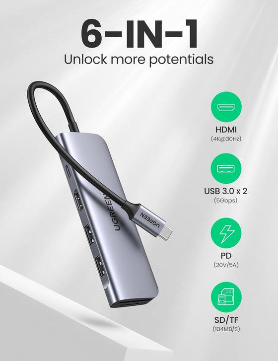 UGREEN USB-C 6-IN-1 MULTIFUNCTIONAL ADAPTER (SPACE GRAY) (CM195/70411) - DataBlitz