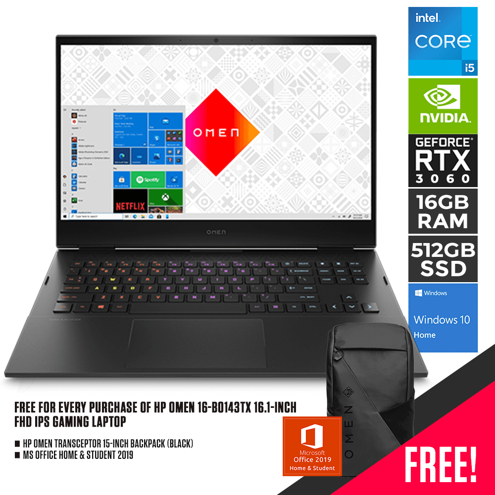 HP OMEN 16-B0143TX 16.1" FHD IPS GAMING LAPTOP |16.1" FHD | i5-11400H | 16GB DDR4 | 512GB SSD | RTX 3060 | WIN10 + HP OMEN TRANSCEPTOR BACKPACK (BLACK) - DataBlitz