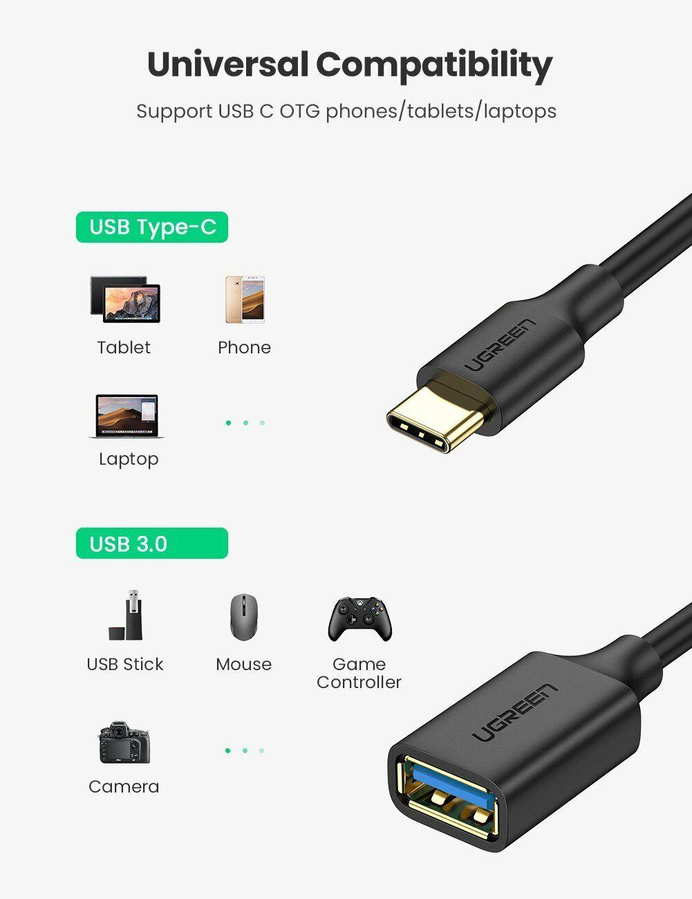 UGREEN USB-C Male To USB a Female OTG Cable 15cm (Black) (US154/30701)