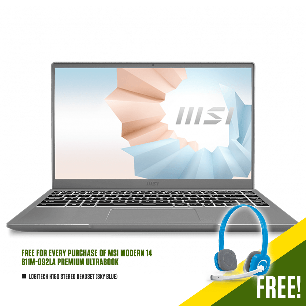 MSI MODERN 14 B11M-092LA PREMIUM ULTRABOOK | 14" FHD | i3-1115G4 | 8GB DDR4 | 512GB SSD | INTEL IRIS XE | WIN10 + LOGITECH H150 STEREO HEADSET (SKY BLUE) - DataBlitz