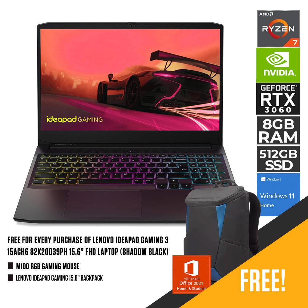 LENOVO IDEAPAD GAMING 3 15ACH6 82K20039PH LAPTOP (SHADOW BLACK) | 15.6” FHD | RYZEN 7 5800H | 8GB DDR4 | 512GB SSD | RTX 3060 | WIN11 + M100 RGB GAMING MOUSE + LENOVO IDEAPAD GAMING 15.6” BACKPACK - DataBlitz