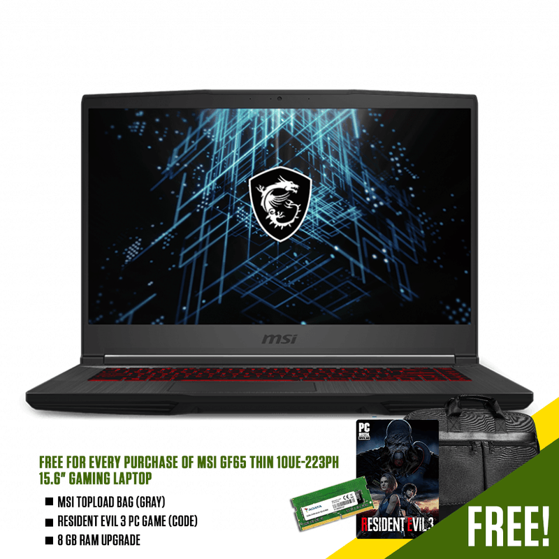 MSI GF65 THIN 10UE-223PH 15.6" GAMING LAPTOP WITH MSI TOPLOAD BAG (GRAY) + FREE RESIDENT EVIL 3 PC GAME (CODE) + FREE 8GB RAM UPGRADE - DataBlitz