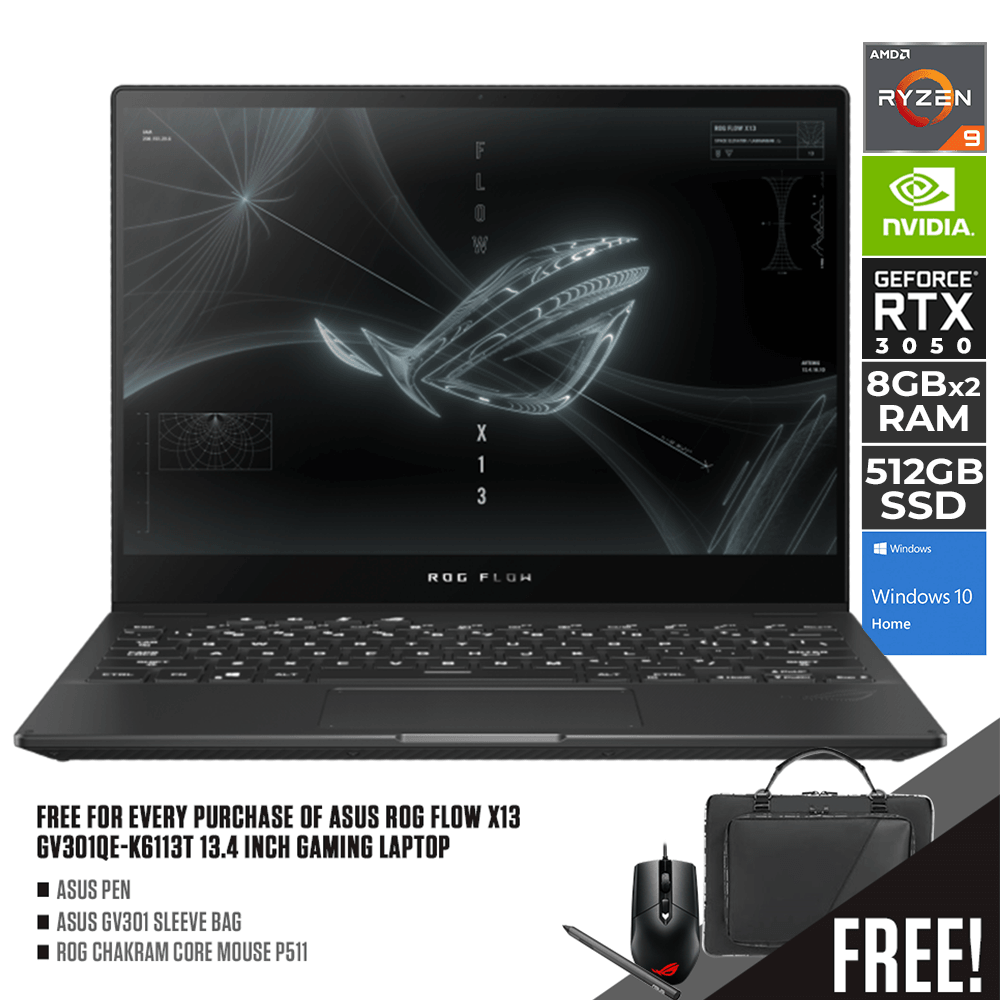 ASUS ROG FLOW X13 GV301QC-K6016T GAMING LAPTOP | 13.4" WUXGA | 16GB LPDDR4X | 512 SSD | RTX 3050 | WIN10 + ROG SLEEVE + ROG GAMING MOUSE - DataBlitz
