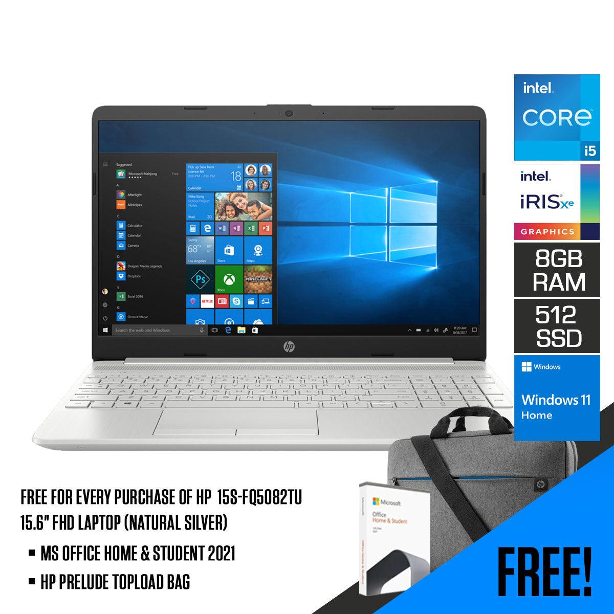 HP 15S-FQ5082TU Laptop (Natural Silver) | 14" FHD | Intel Core i5 | 8GB RAM DDR4 | 512GB SSD | Intel Iris XE | Windows 11 | MS Office Home & Student 2021 | HP Prelude 15.6” Topload Bag - DataBlitz