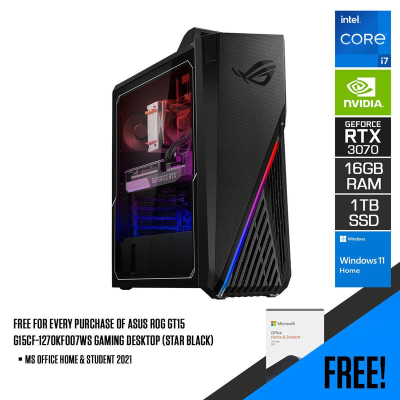 Asus ROG G15CF-1270KF008WS Gaming Desktop (Star Black) | i7-12700K | 16GB RAM DDR4 | 1TB SSD | RTX3070 |  Windows 11 Home | MS Office Home & Student 2021 - DataBlitz