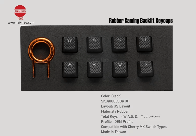 TAIHAO RUBBER DOUBLE SHOT BACKLIT GAMING WASD KEYCAPS SET FOR CHERRY MX SWITCH TYPE (8-KEYS) (BLACK) - DataBlitz