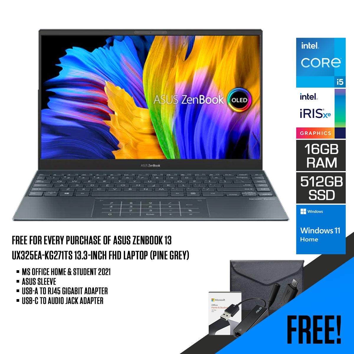 ASUS ZENBOOK 13 UX325EA-KG271TS LAPTOP (PINE GREY) | 13.3" FHD | i5-1135G7 | 16GB DDR4 | 512GB SSD | IRIS XE | WIN10 + ASUS SLEEVE + ETHERNET ADAPTER + AUDIO JACK ADAPTER - DataBlitz