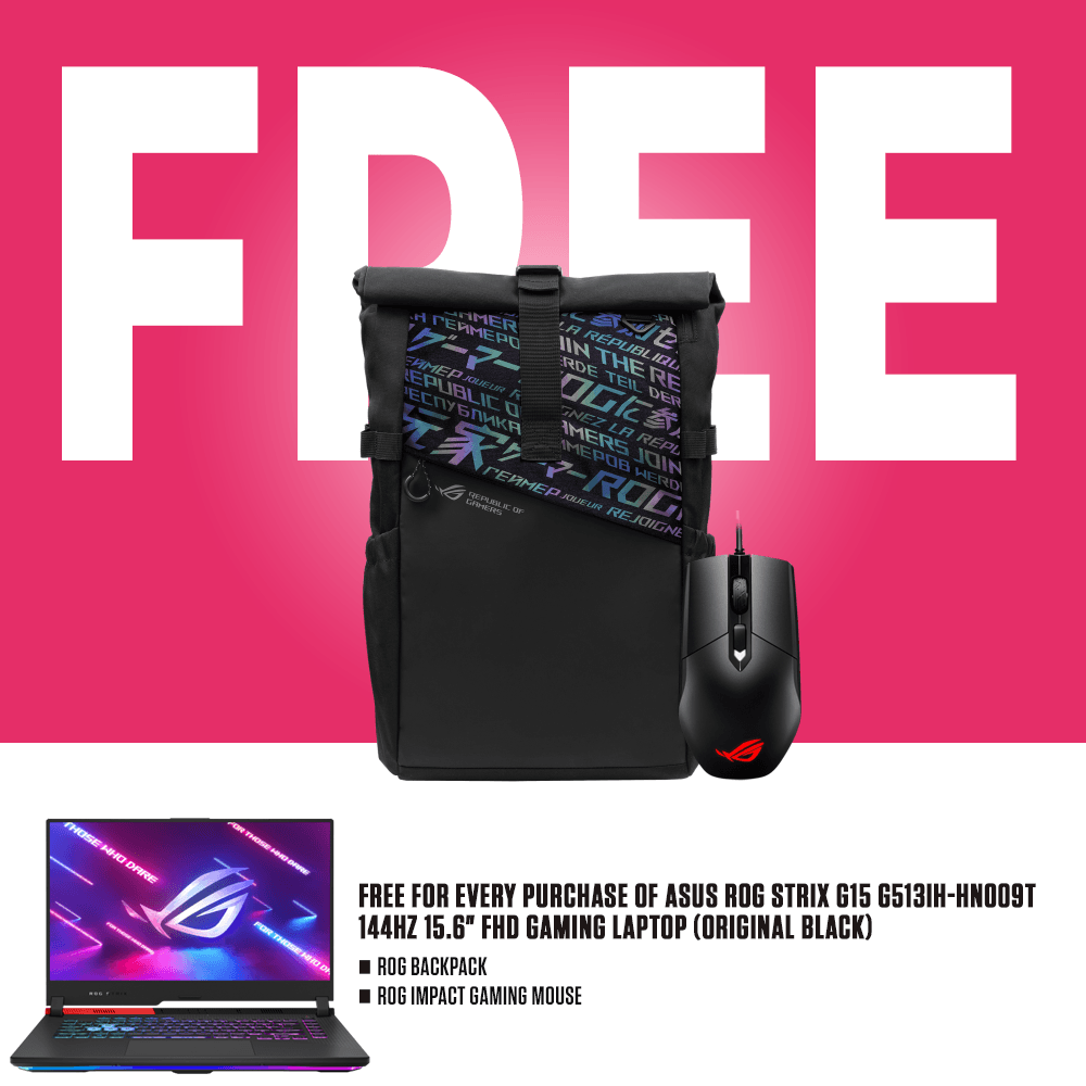 ASUS ROG STRIX G15 G513IH-HN009T 144HZ GAMING LAPTOP (ORIGINAL BLACK) | 15.6" FHD | RYZEN 7 4800H | 8GB DDR4 | 512GB SSD | GTX 1650 | WIN10 + ROG BACKPACK + ROG IMPACT GAMING MOUSE - DataBlitz