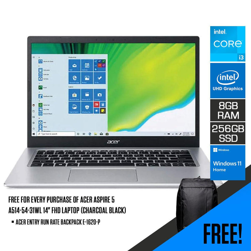 ACER ASPIRE 5 A514-54-31WL LAPTOP (CHARCOAL BLACK) | 14" FHD | i3-1115G4 | 8GB DDR4 | 256GB SSD | UHD GRAPHICS | WIN11 W/ FREE ACER ENTRY RUN RATE BACKPACK E-1620-P - DataBlitz