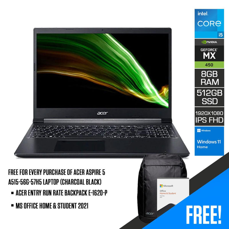 ACER ASPIRE 5 A515-56G-57H5 LAPTOP (CHARCOAL BLACK) | 15.6” FHD 1920 x 1080 | i5-1135G7 | 8GB DDR4 | 512GB SSD | MX450 | WIN11 + MS OFFICE HOME & STUDENT 2021 + ACER ENTRY RUN RATE BACKPACK E-1620-P - DataBlitz