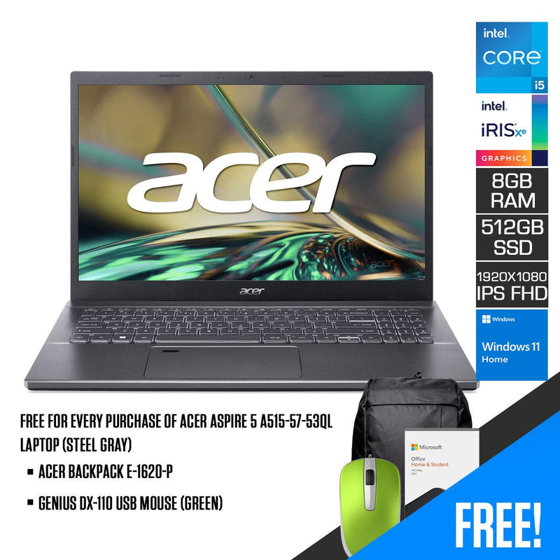 ACER Aspire 5 A515-57-53QL Laptop (Steel Gray) | 15.6" FHD 1920 x 1080 | i5-1235u | 8GB DDR4 | 512 GB SSD | Intel Iris Xe | Windows 11 Home | MS Office H&S 2021 | Genius DX-110 USB Mouse (Green) | Acer Backpack E-1620-P - DataBlitz