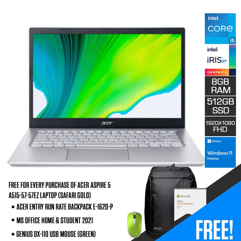 Acer Aspire 5 A515-57-57EZ Laptop (Safari Gold) | 15.6” FHD | i5-1235u | 8GB RAM | 512GB SSD | Windows 11 Home | MS Office H&S 2021 | Genius DX-110 USB Mouse (Green) | Acer Backpack E-1620-P - DataBlitz