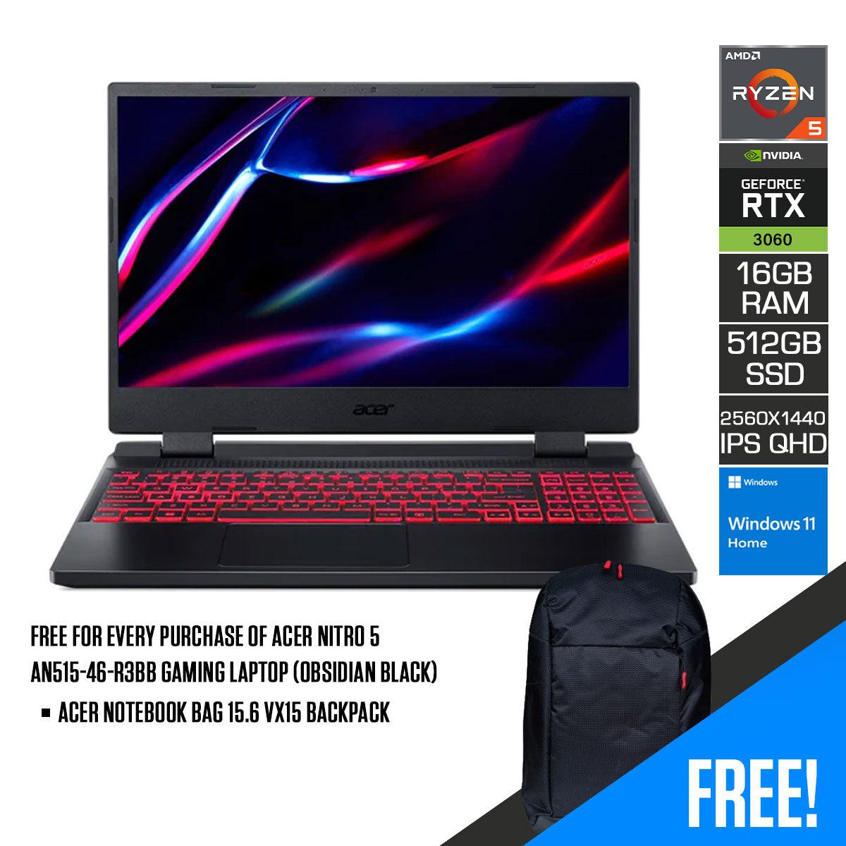 Acer Nitro 5 AN515-46-R3BB Gaming Laptop (Obsidian Black) | 15.6” QHD IPS 2560 x 1440 | Ryzen 5 6600H | 16GB RAM | 512GB SSD | RTX 3060 | Windows 11 Home | Acer Notebook Bag 15.6 VX15 Backpack - DataBlitz