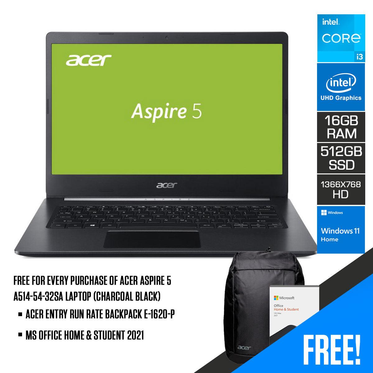 Acer Aspire 5 A514-54-32SA Laptop (Charcoal Black) | 14" FHD (1366 x 768) | i3-1115G4 | 8GB LPDDR4 | 512GB SSD | Intel UHD Graphics | Windows 11 Home | Acer Entry Run Rate Backpack E-1620-P - DataBlitz