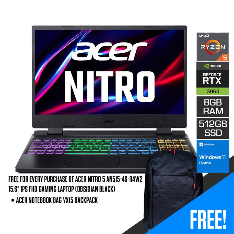 Acer Nitro 5 AN515-46-R4W2 Gaming Laptop (Obsidian Black) | 15.6" FHD | Ryzen™ 5 6600H | 8GB DDR5 | 512GB SSD | RTX 3060 | Windows 11 Home | Acer Notebook Bag  15.6 VX15 Backpack - DataBlitz