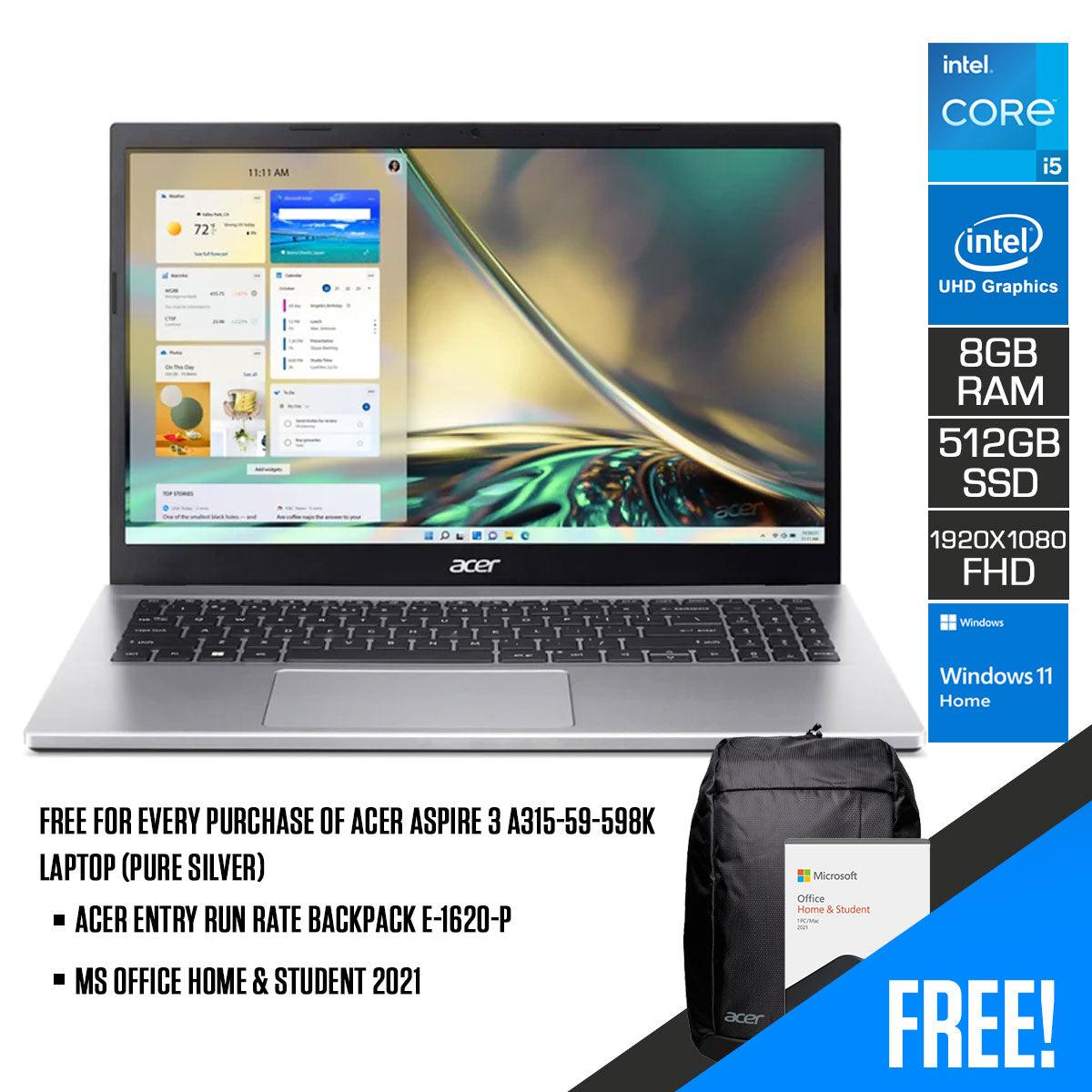 Acer Aspire 3 A315-59-598K Laptop (Pure Silver) | 15.6" FHD (1920 x 1080) | i5-1235U | 8GB DDR4 | 512GB SSD | Intel UHD | Windows 11 | MS Office & Student 2021 | Acer Entry Run Rate Backpack E-1620-P - DataBlitz