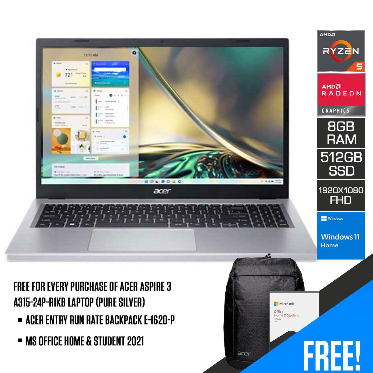 Acer Aspire 3 A315-24P-R1KB Laptop (Pure Silver) | 15.6" FHD | Ryzen 5 7520U | 8GB DDR5 | 512GB SSD | AMD Radeon Graphics | Windows 11 Home | MS Office Home & Student 2021 | Acer Entry Run Rate Backpack E-1620-P (LZBPKM6B12) - DataBlitz