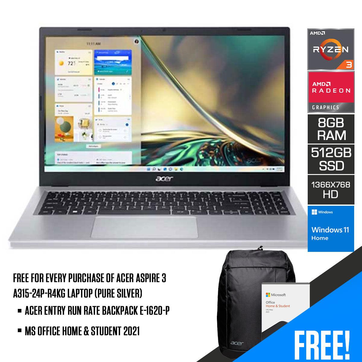 Acer Aspire 3 A315-24P-R4KG Laptop (Pure Silver) | 15.6" HD | Ryzen 3 7320U | 8GB DDR5 | 512GB SSD | Radeon Graphics | Windows 11 Home | MS Office Home & Student 2021 | Acer Entry Run Rate Backpack E-1620-P - DataBlitz