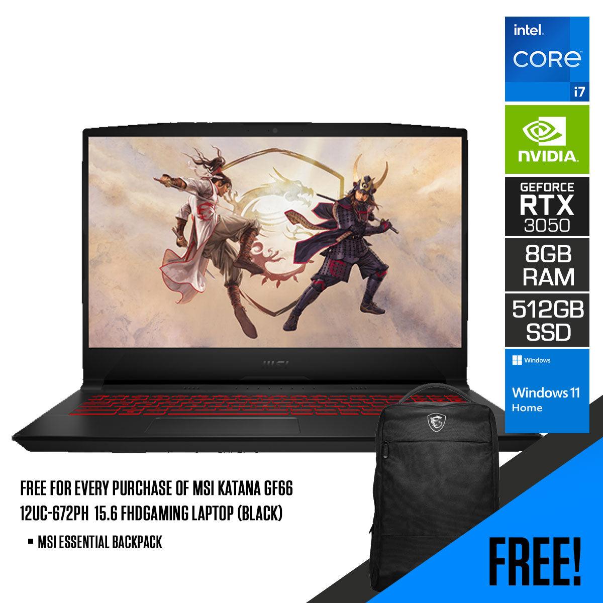 MSI Katana GF66 12UC-672PH Gaming Laptop (Black) | 15.6 FHD | i7-12650H | 8GB DDR4 | 512GB SSD | RTX 3050 | Windows 11 Home | MSI Essential Backpack - DataBlitz