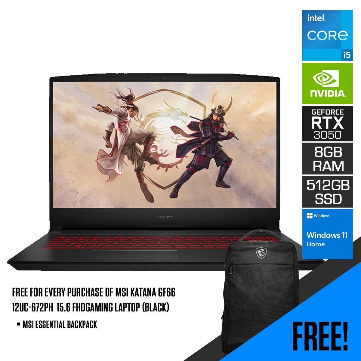 MSI Katana GF66 12UC-673PH Gaming Laptop (Black) | 15.6 FHD | i5-12450H | 8GB DDR4 | 512GB SSD | RTX 3050 | Windows 11 Home | MSI Essential Backpack - DataBlitz
