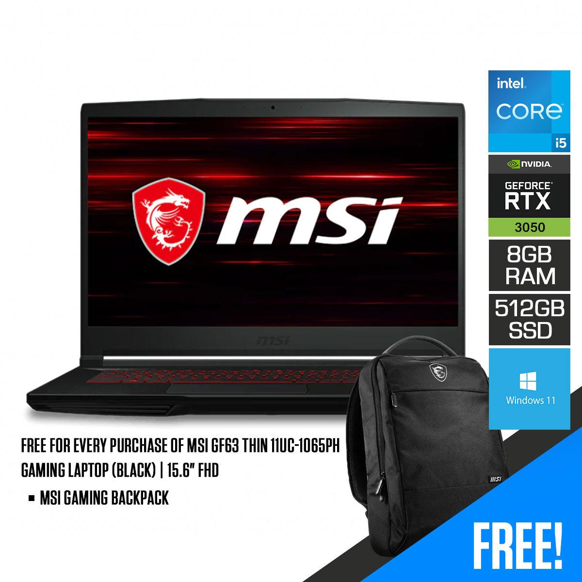 MSI GF63 Thin 11UC-1065PH Gaming Laptop (Black) | 15.6" FHD | i5-11400H | 8GB DDR4 | 512GB SSD | RTX 3050 | Windows 11 | MSI Gaming Backpack - DataBlitz