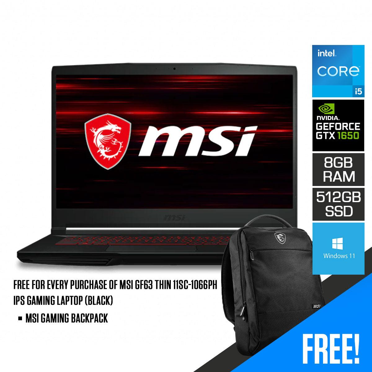 MSI GF63 THIN 11SC-1066PH IPS GAMING LAPTOP (BLACK) | 15.6" FHD | i5-11400H | 8GB DDR4 | 512GB SSD | GTX 1650 | WINDOWS 11 + MSI GAMING BACKPACK - DataBlitz