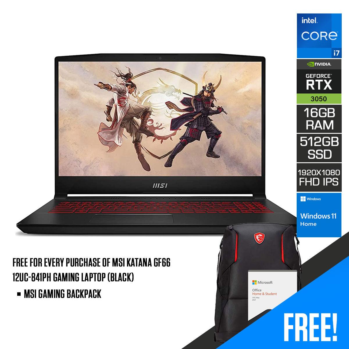 MSI Katana GF66 12UC-841PH Gaming Laptop (Black) | 15.6 FHD | i7-12700H | 8GB DDR4 | 512GB SSD | RTX 3050 | Windows 11 Home | MSI Gaming Backpack - DataBlitz