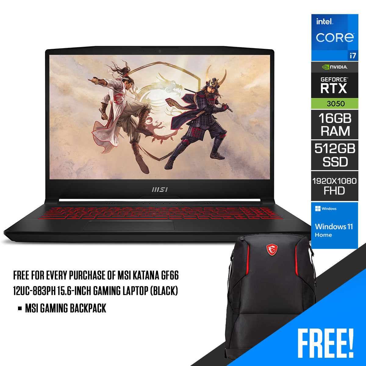 MSI Katana GF66 12UC-883PH Gaming Laptop (Black) | 1920 x 1080 | 15.6 FHD | i7-12650H | 16GB DDR4 | 512GB SSD | RTX 3050 | Windows 11 Home | MSI Gaming Backpack