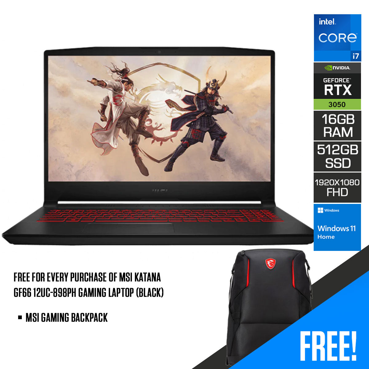 MSI Katana GF66 12UC-898PH Gaming Laptop (Black) | 15.6" FHD (1920x1080) | i7 12650H | 16GB DDR4 | 512GB SSD | RTX 3050 | Windows 11 | MSI Gaming Backpack