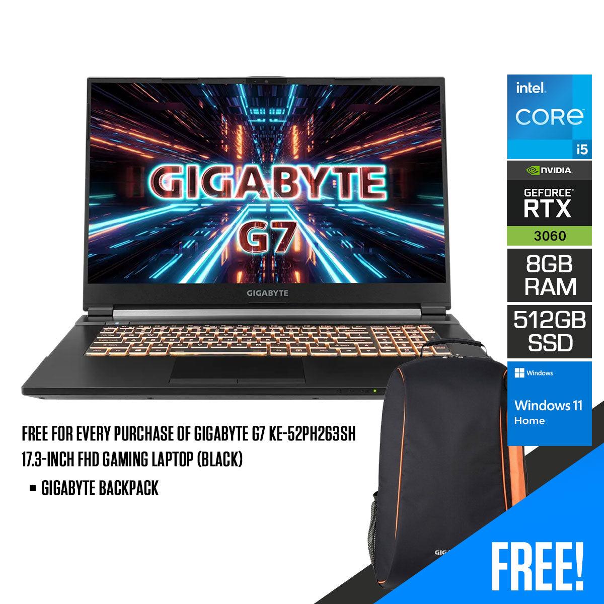 Gigabyte G7 KE-52PH263SH 17.3-INCH FHD Gaming Laptop (Black) | 17.3"  FHD | i5-12500H | 8GB DDR4 | 512 GB SSD | RTX™ 3060 | Windows 11 Home | Gigabyte Backpack - DataBlitz