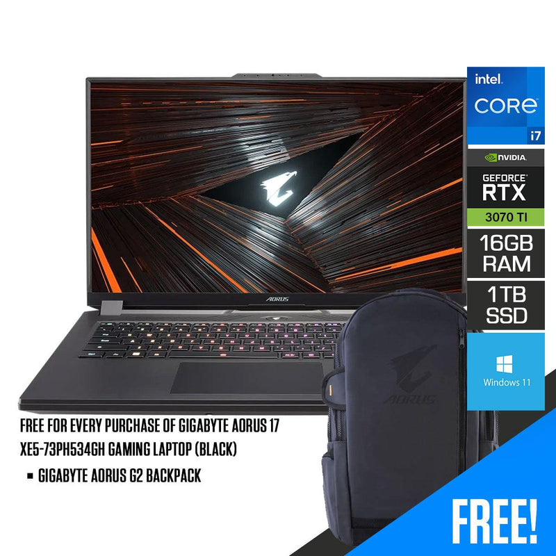 Gigabyte Aorus 17 XE5-73PH534GH Gaming Laptop (Black) | 17.3" FHD | i7-12700H | 16GB DDR5 | 1 TB SSD | RTX™ 3070 Ti | Windows 11 | Gigabyte Aorus G2 Backpack | AORUS H1 HEADSET | AORUS M4 RGB MOUSE - DataBlitz