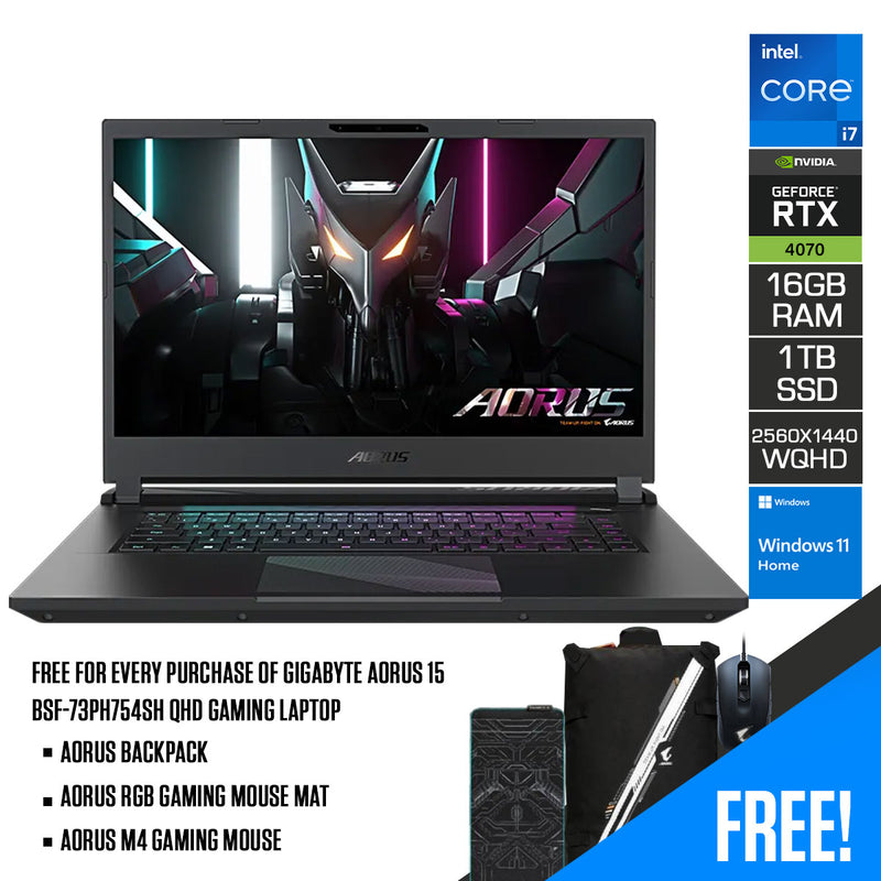 Gigabyte Aorus 15 BSF-73PH754SH QHD Gaming Laptop | 15.6" QHD 2560 x 1440 | Intel i7 13700H | RTX 4070 | 16GB DDR5 | 1TB SSD | Aorus Backpack | Aorus RGB Gaming Mouse Mat | Aorus M4 Gaming Mouse