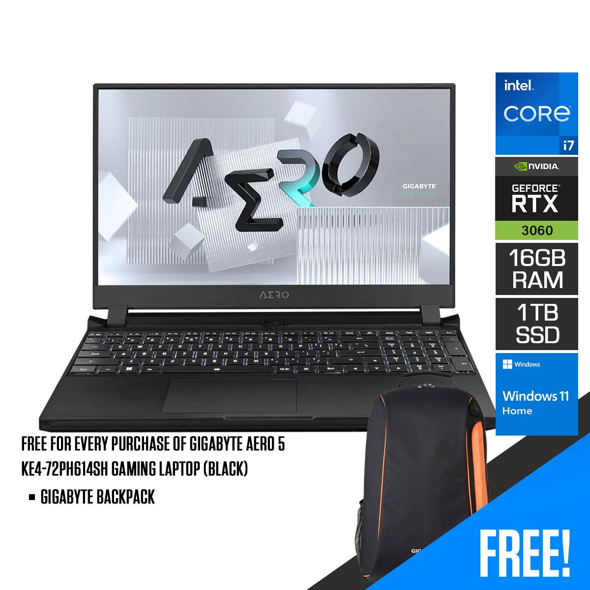 Gigabyte AERO 5 KE4-72PH614SH Gaming Laptop (Black) | 15.6" UHD | i7-12700H | 16GB DDR4 | 1 TB SSD | RTX 3060 | Windows 11 Home + Gigabyte Backpack - DataBlitz