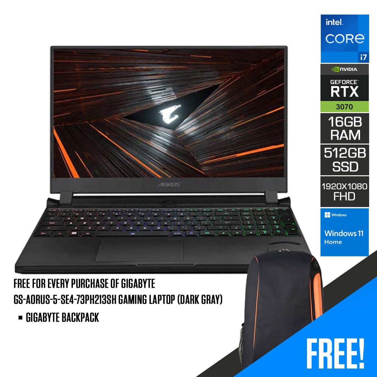 Gigabyte GS-AORUS-5-SE4-73PH213SH Gaming Laptop (Dark Gray) | 15.6" FHD | i7-12700H | 16GB DDR4 | 512GB SSD | RTX3070 | Windows 11 home + Gigabyte backpack - DataBlitz