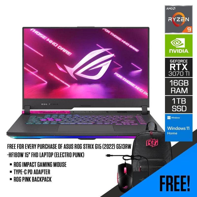 Asus ROG Strix G15 (2022) G513RW-HF180W Laptop (Electro Punk) | 15.6" FHD | Ryzen 9 6900HX | 16GB RAM | 1TB M.2 SSD | RTX 3070 Ti | Windows 11 Home | Pink Backpack | Strix Impact II Electro Punk Mouse | Type-C PD Adapter - DataBlitz