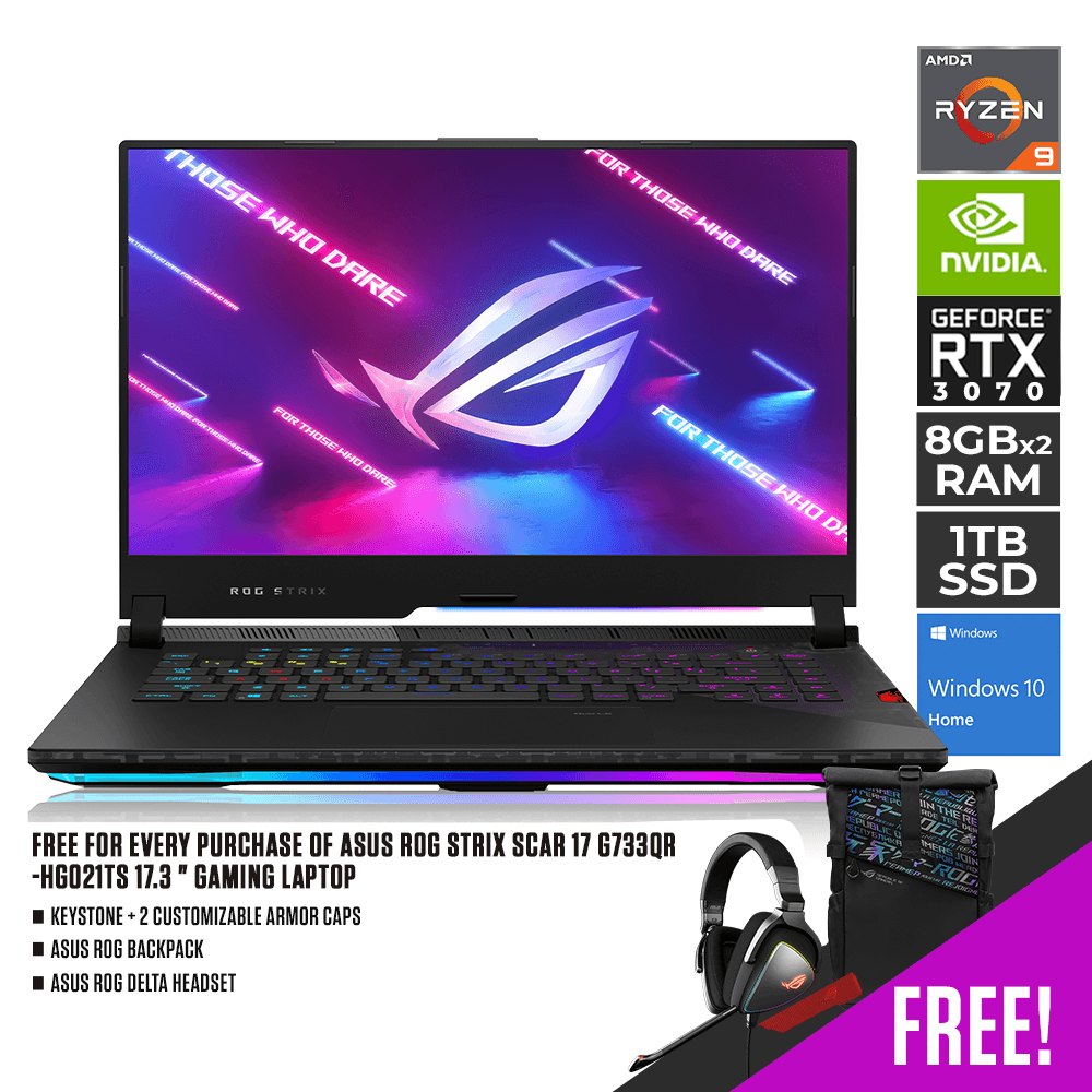 ASUS ROG STRIX SCAR 17 G733QR-HG021TS GAMING LAPTOP | 17.3 " FHD | 16GB DDR4 | 1TB SSD | RTX 3070 | WIN10 + 2 CUSTOMIZABLE ARMOR CAPS + ROG BACKPACK + ROG DELTA HEADSET - DataBlitz