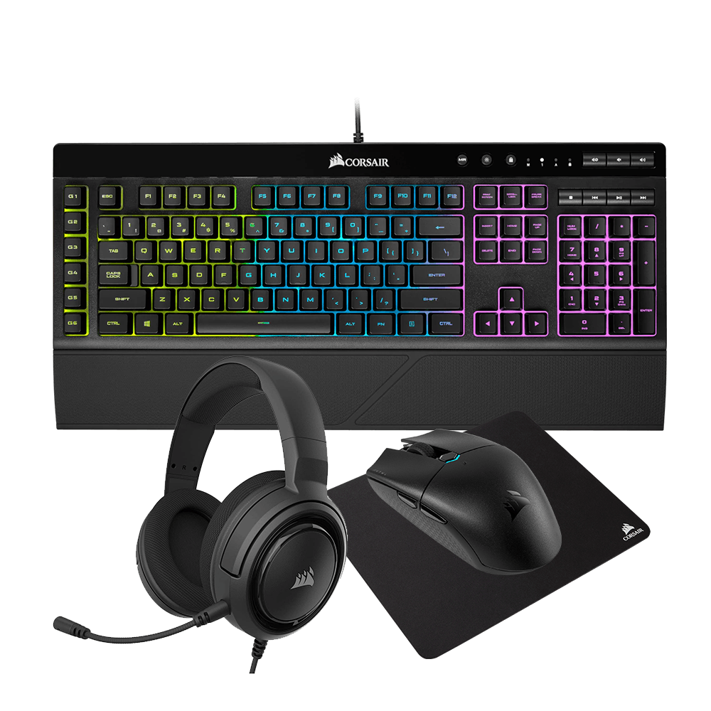 CORSAIR 4-IN-1 BUNDLE (HS35 STEREO GAMING HEADSET CARBON + K55 RGB GAMING KEYBOARD + KATAR PRO ULTRALIGHT GAMING MOUSE + MM100 CLOTH MOUSE PAD) - DataBlitz