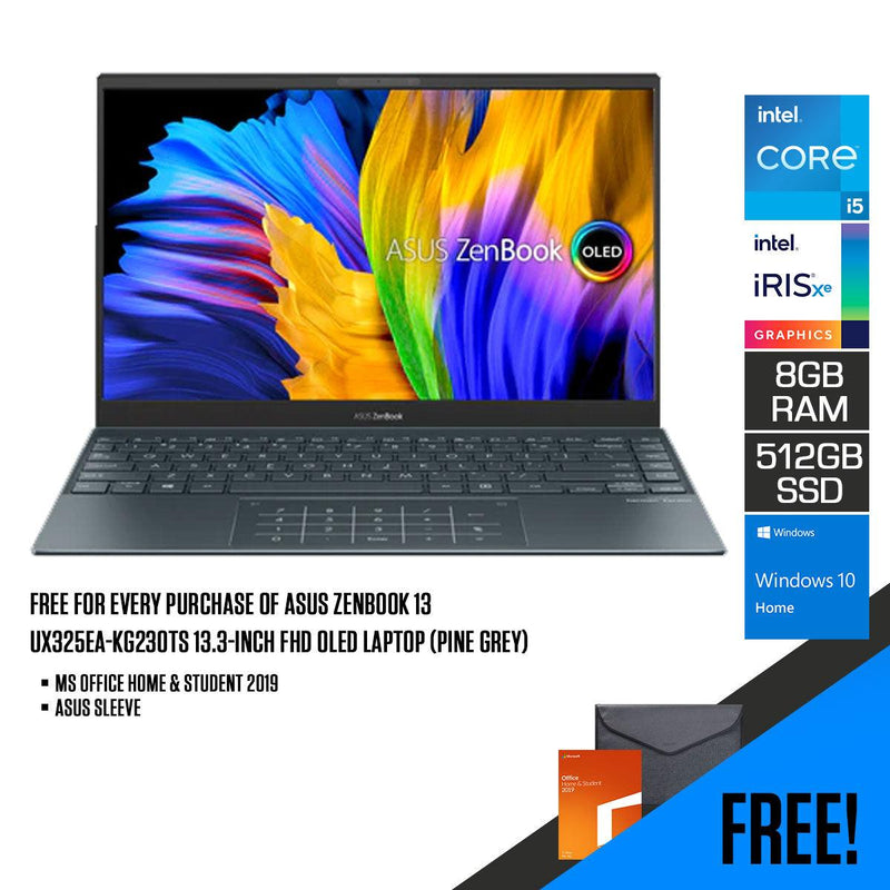 ASUS ZENBOOK 13 UX325EA-KG230TS 13.3" FHD OLED Laptop (Pine Gray) | 13.3" FHD | i5-1135G7 | 8GB DDR4 | 512GB SSD | IRIS XE | WIN10 Office Home and Student ASUS SLeeve - DataBlitz