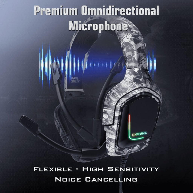 Onikuma K20 Wired Gaming Headset With Microphone RGB Light Noise Cancelling (Camouflage White) - DataBlitz